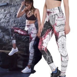 Reebok White and Charcoal Grey S LUX Printed Studio Tights Size Large